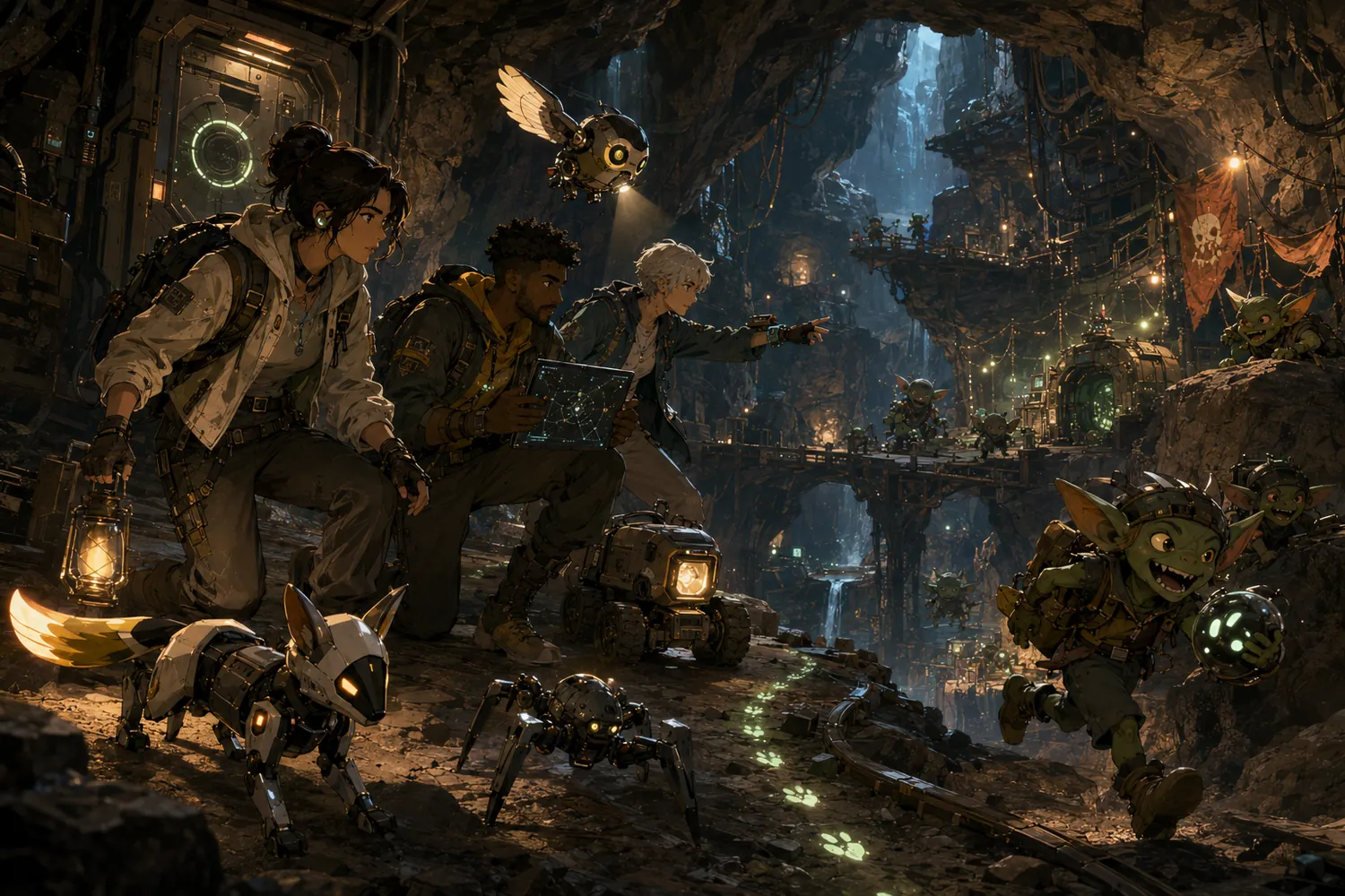 Spark hunt team moving through a cave while tracking goblins with robot companions