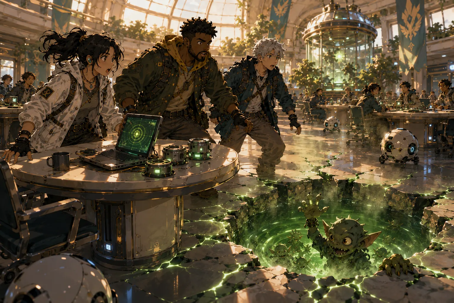 Spark team spotting goblins under a cracked bright team hall floor