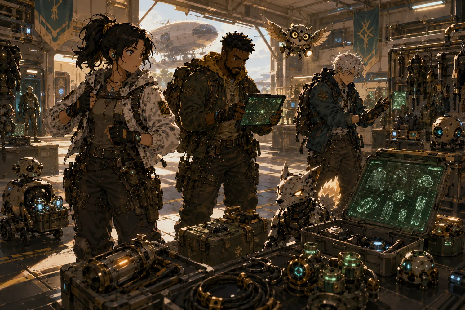Spark hunt team preparing agent gear, tablets, robot companions, and field tools before the bug hunt